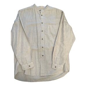 Vtg GUESS Men Large Linen Cotton Band Collar Long Sleeve Shirt USA Made 90s